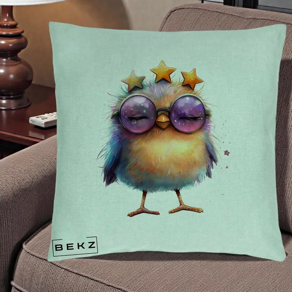 Perna Decorativa Pui Pop Star cu Ochelari Stele Violet, 40x40 cm, Verde Menta, Husa Detasabila, Perna Inclusa, BEKZ®
