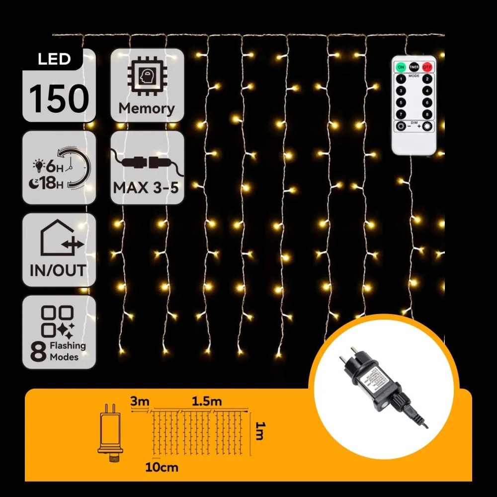 Aigostar - LED instalație luminoasă de Crăciun pentru exterior 150xLED/6W/230V/8 funcții 1,5x1m IP44 alb cald+telecomandă