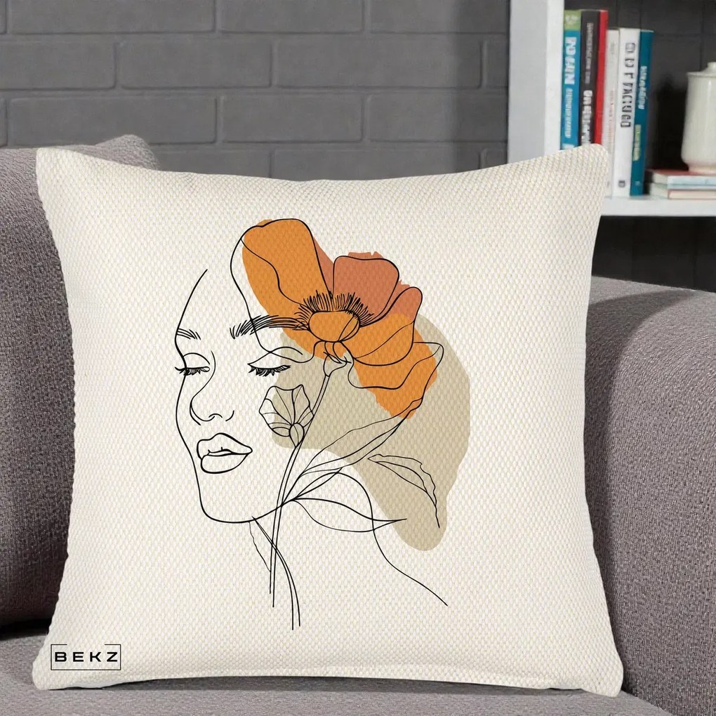 Perna Decorativa Portret Feminin Mac Mare Portocaliu, 40x40 cm, Crem Reliefat, Husa Detasabila, Perna Inclusa, BEKZ®
