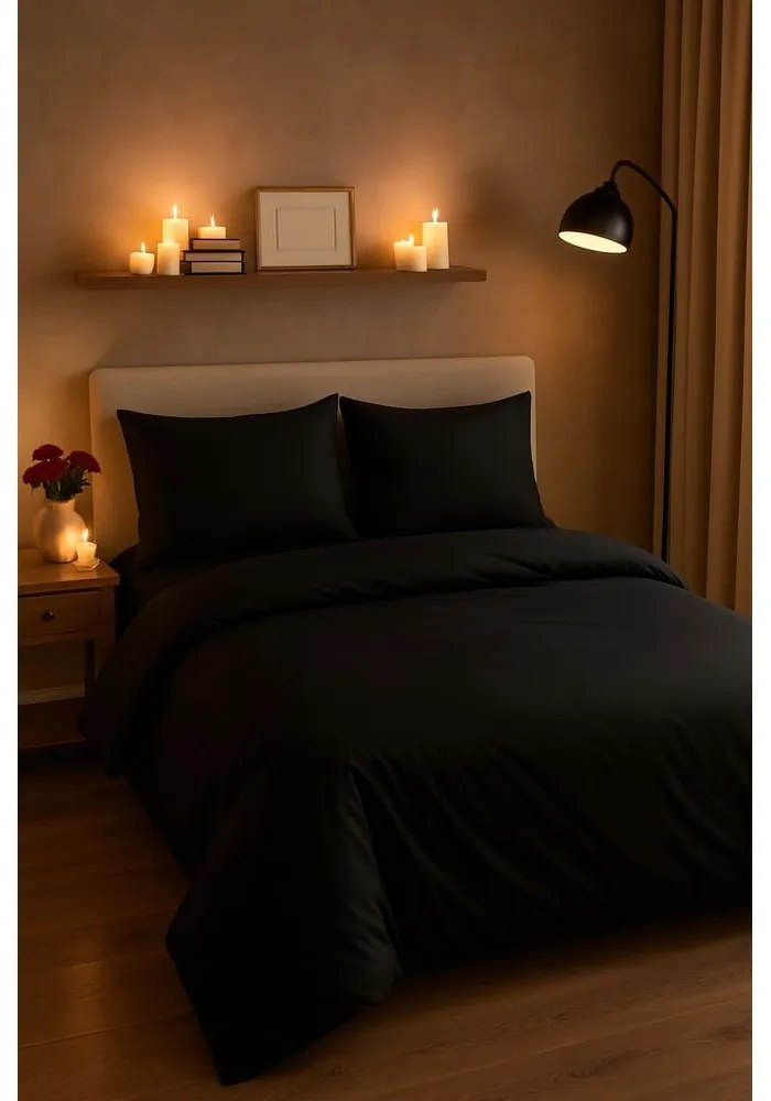 Lenjerie de pat neagră pentru pat dublu, extinsă cu cearceaf inclus, cu 4 piese 200x220 cm Classic – Mila Home