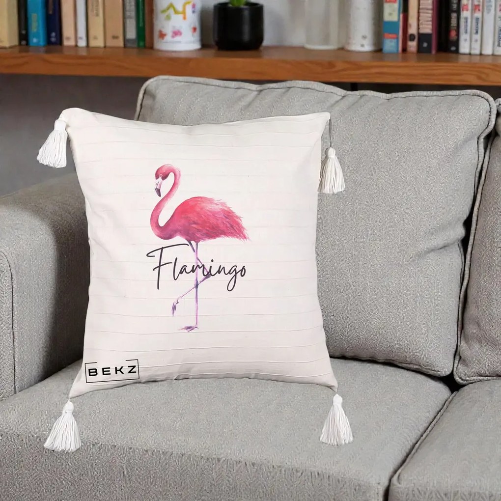 Perna Decorativa Flamingo Acuarela, 40x40 cm, Bej cu Franjuri, Husa Detasabila, Perna Inclusa, BEKZ®