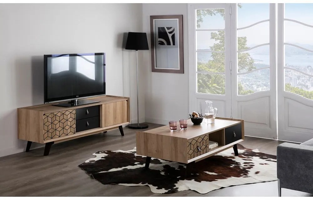 Masă de cafea cu 2 sertare în decor de lemn de stejar Marckeric Ceilan