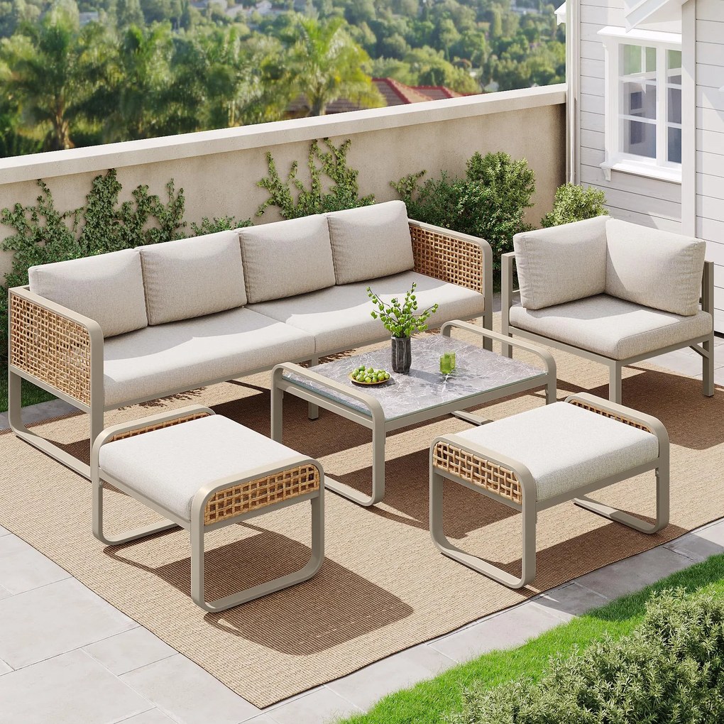 Set de lounge pentru grădină pentru 6-7 persoane, mobilier din ratan cu cadru din fier galvanizat și picioare reglabile, inclusiv perne pentru șezut și spate, Bej