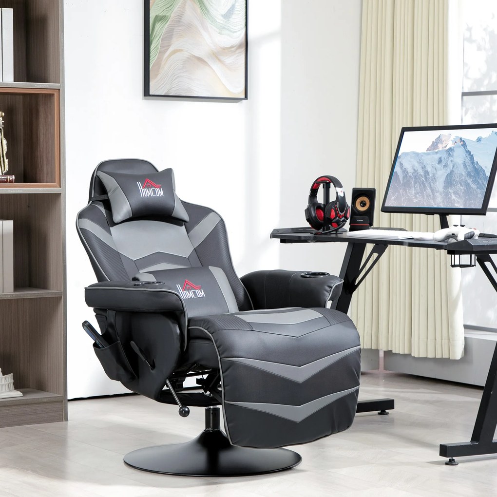 HOMCOM Fotoliu de gaming, funcție de masaj, spătar reglabil, suport pentru picioare, până la 120 kg, cadru din oțel, piele ecologică, Gri | Aosom Romania