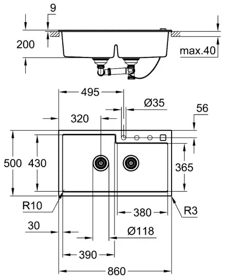 GROHE 31649AP0 - Chiuvetă K500, 860 × 500 mm, din granit, neagră