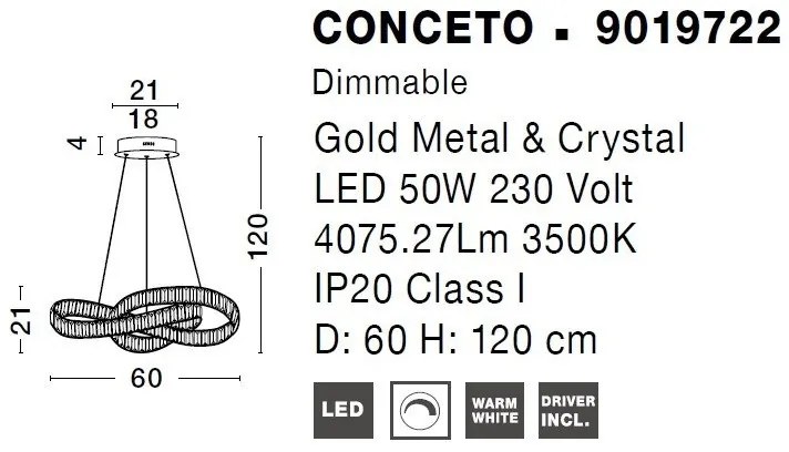 Pendul LED dimabil, cristal design elegant CONCETO auriu