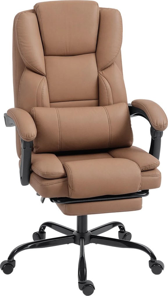 Scaun de birou ergonomic HOMCOM reclinabil 140° cu reposapiede și pernă, scaun de birou din piele ecologică anti-zgârieturi, ușor de curățat, brațe îmbunătățite, pivotant și reglabil pe înălțime, maro | Aosom Romania