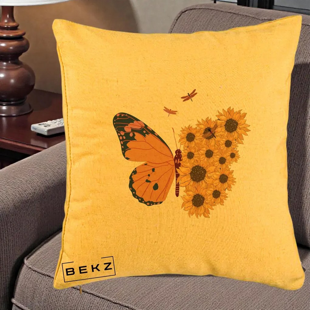 Perna Decorativa Fluture Floarea-Soarelui, 40x40 cm, Galben, Husa Detasabila, Perna Inclusa, BEKZ®