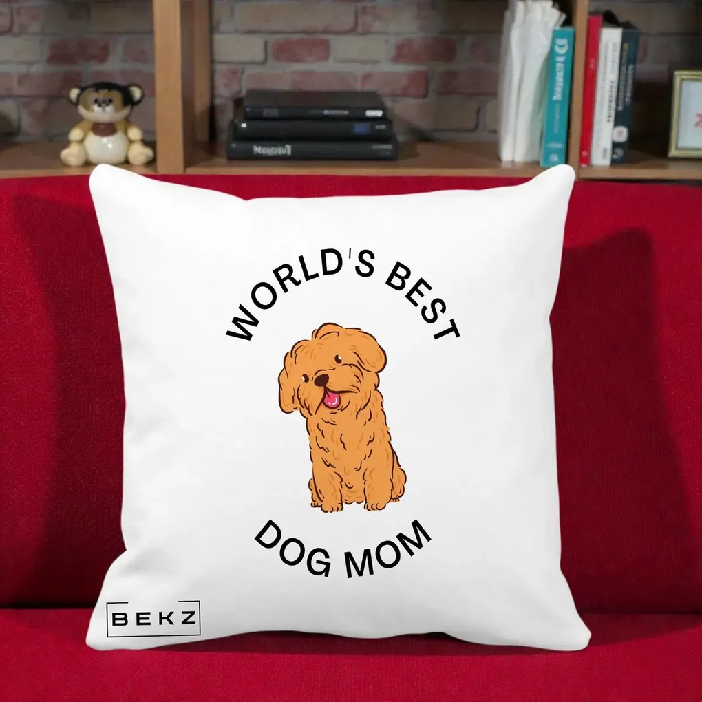 Cadou pentru Iubitorii de Caini - Perna Personalizata World's Best Dog Mom, 40x40 cm, Alba Mata, Husa Detasabila, Perna Inclusa, BEKZ®