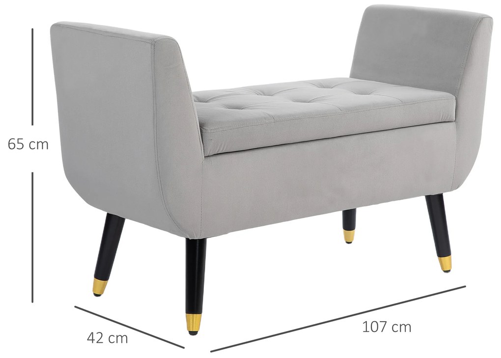 HOMCOM Bancă cu stocare și brațe, Truhenbank, poliester catifelat, lemn de cauciuc, Hellgrau, 107 x 42 x 65 cm | Aosom Romania