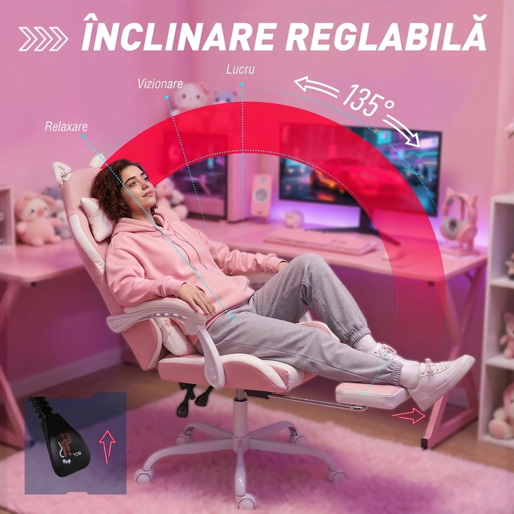 Vinsetto Scaun Gaming Ergonomic cu Urechi de Pisică, Fotoliu Gaming Birou Reclinabil din Piele Eco cu Suport pentru Picioare, Tetieră și Înălțime Reglabilă, Suport Lombar și Cervical, Roz | Aosom Romania
