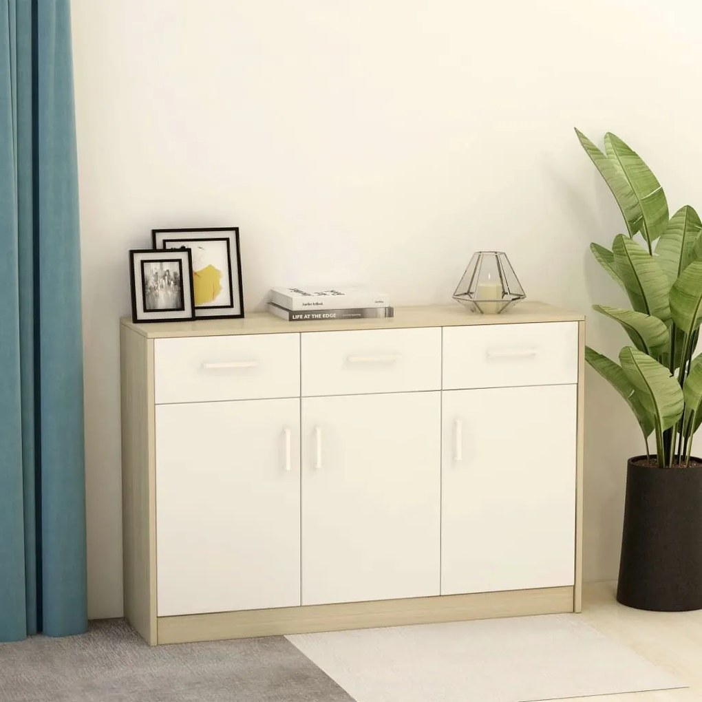 800707 vidaXL Dulap, alb și stejar Sonoma, 110 x 30 x 75 cm, lemn prelucrat