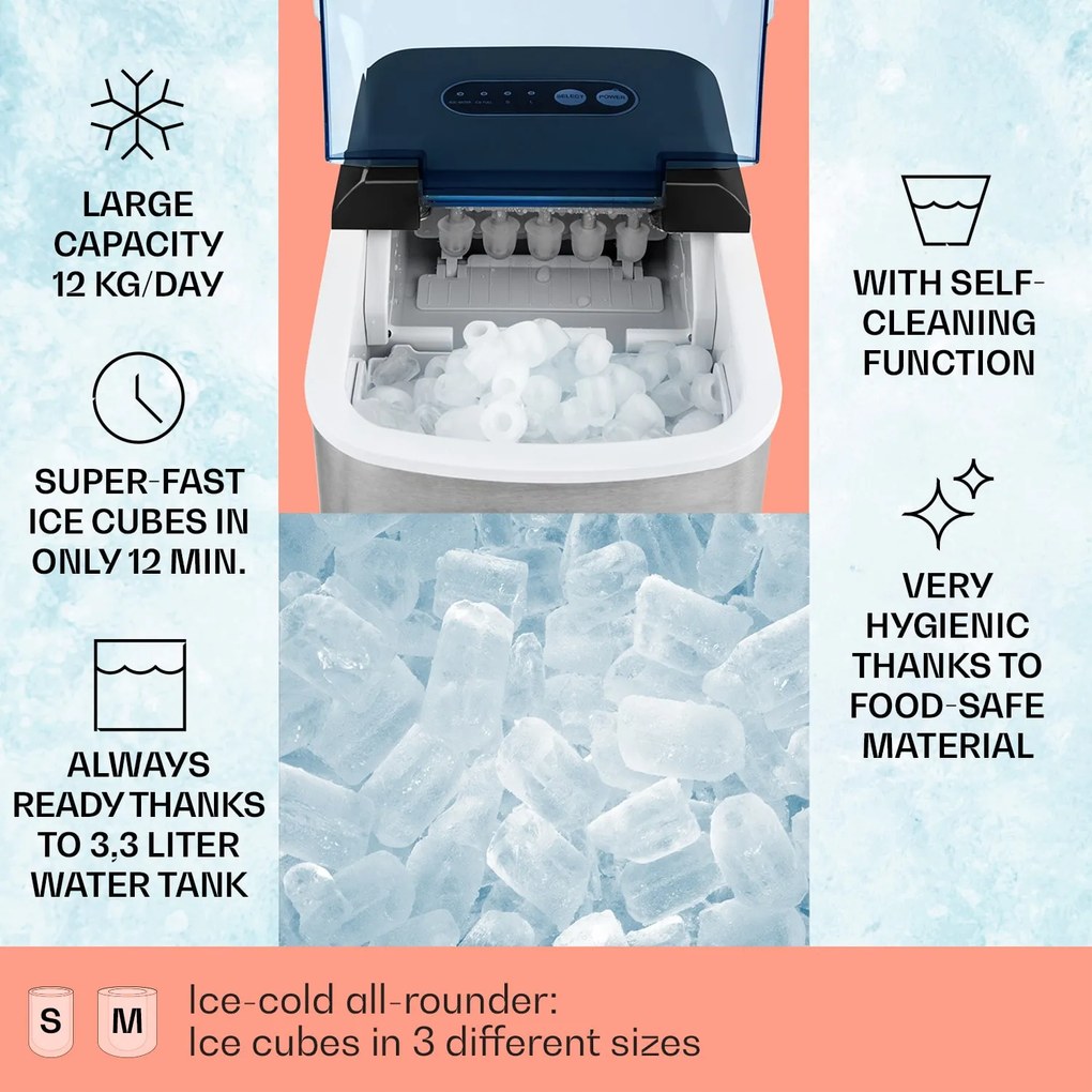 Klarstein ON-THE-ROCKS, aparat de gheață, LED-uri, | 12 kg la fiecare 24 de ore | 2,1 L | Oțel inoxidabil, culoare neagră