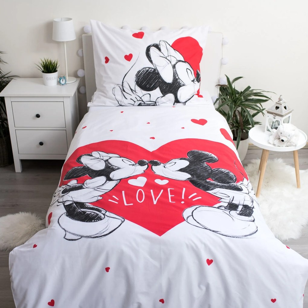Lenjerie de pat din bumbac pentru copii MICKEY & MINNIE LOVE alb Dimensiune lenjerie de pat: 70 x 90 cm | 140 x 200 cm
