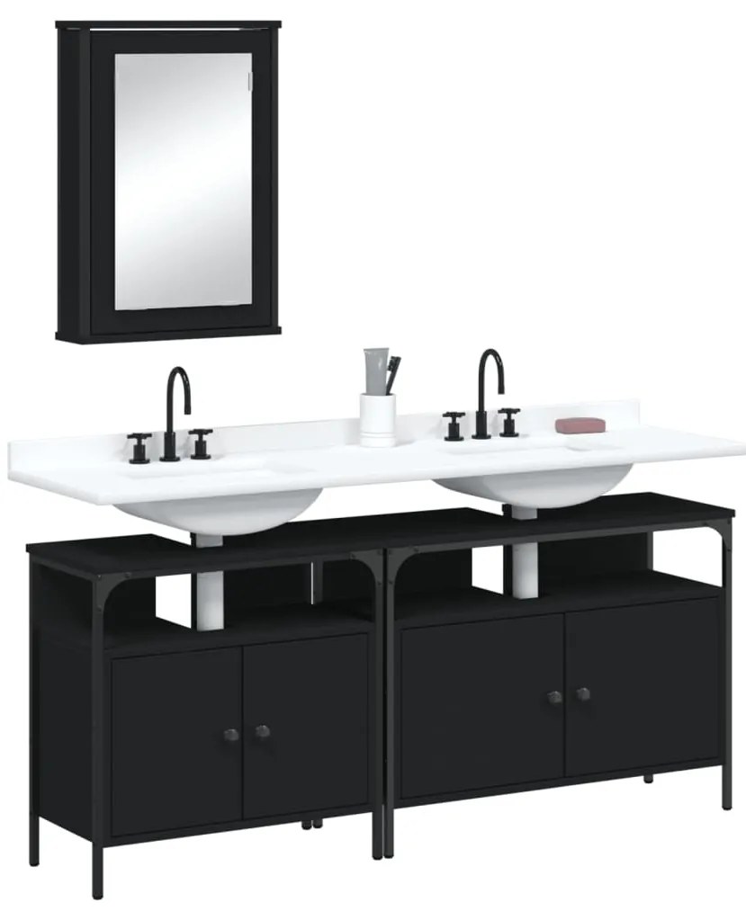 vidaXL Set mobilier de baie, 3 piese, negru, lemn compozit