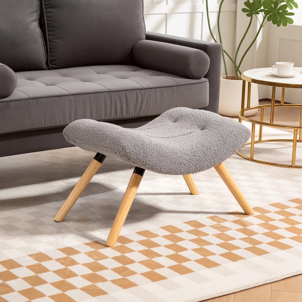 HOMCOM Taburet modern cu husă din fleece și picioare din lemn, tapițat, pentru cameră de zi, dormitor, hol, Gri deschis | Aosom Romania