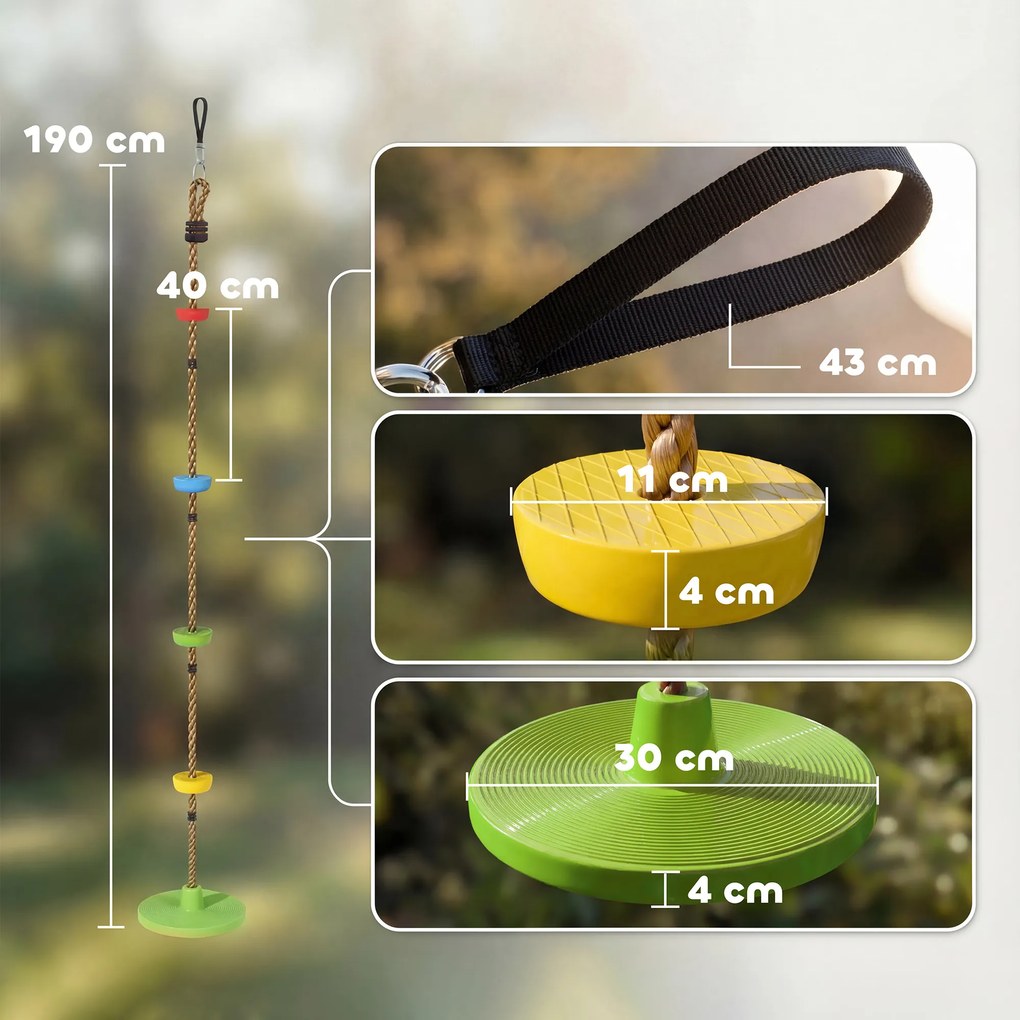 AIYAPLAY Leagăn cu frânghie 1,9 m, Leagăn disc pentru copii cu platformă, chingă și carabinieră, verde | Aosom Romania