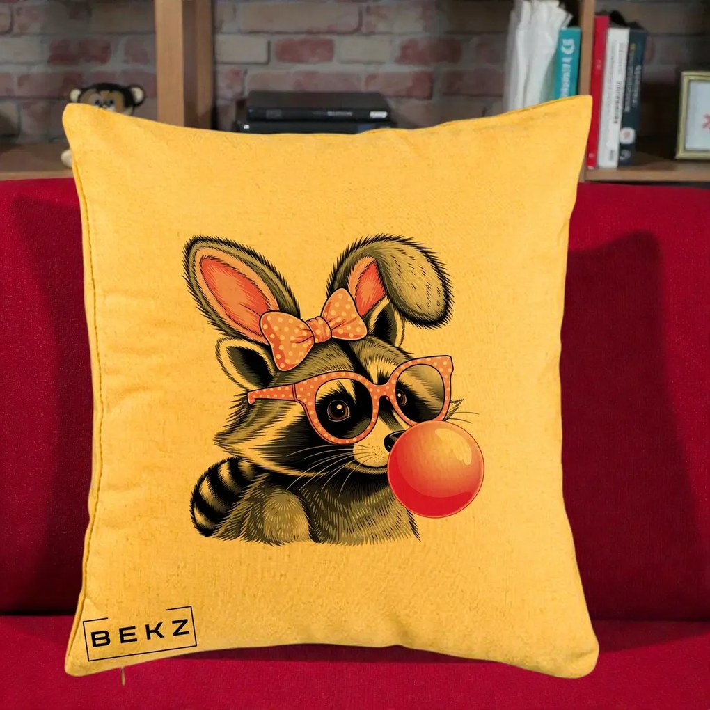 Perna Decorativa Raton cu Urechi de Iepure si Guma de Mestecat, 40x40 cm, Galben, Husa Detasabila, Perna Inclusa, BEKZ®
