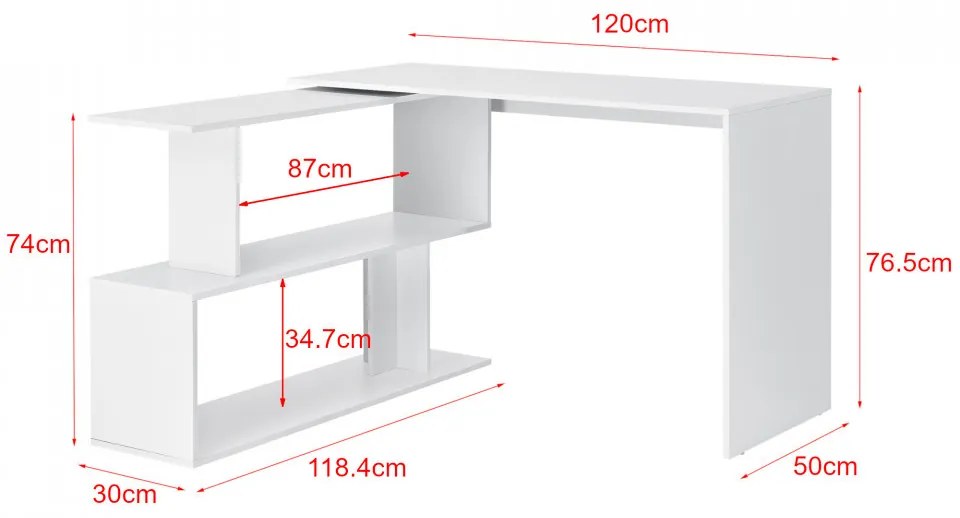 BIA3- Masa de Birou, 120 cm, office pe colt cu rafturi - Alb