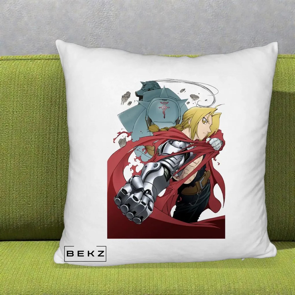 Perna Personalizata Fullmetal Alchemist Brotherhood Edward si Al Poster, 40x40 cm, Alb Pufos, Husa Detasabila, Perna Inclusa, BEKZ®