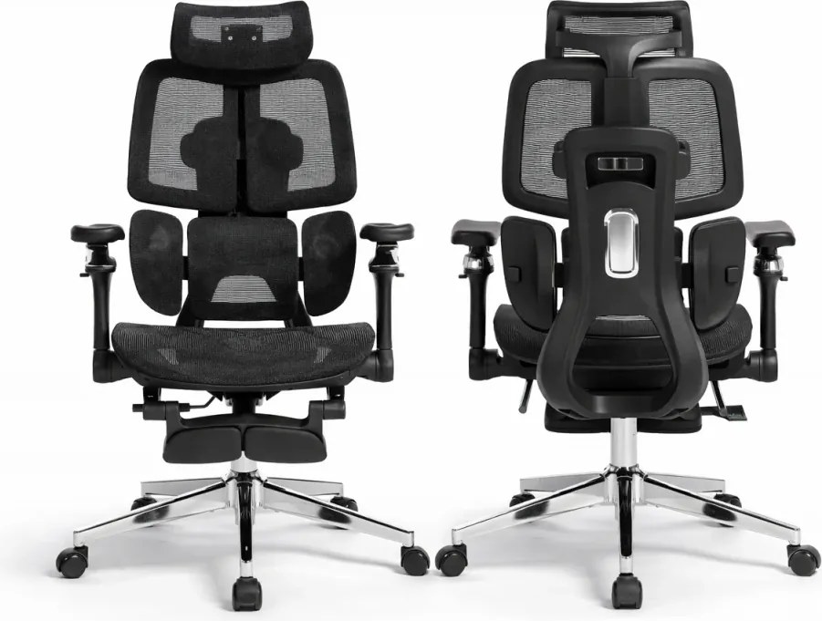 DeluxStar T10 Premium – Scaun ergonomic, cotiere 6D ultra moi, Suport Lombar 3 Zone Dinamice, Spătar ajustabil pe inaltime, Sezut Translatie, Tetiera 4D, mecanism multifunctional inclinare/blocare, pivotant, Mesh, Negru