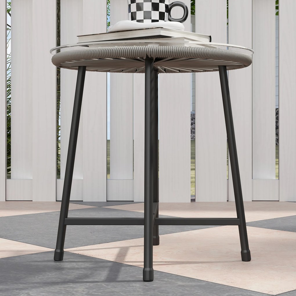 Outsunny Set de mobilier de exterior cu 3 piese, 1 masă, 2 scaune, Împletitură de ratan, Cadru din oțel, Masă de cafea cu blat de sticlă, Gri închis | Aosom Romania