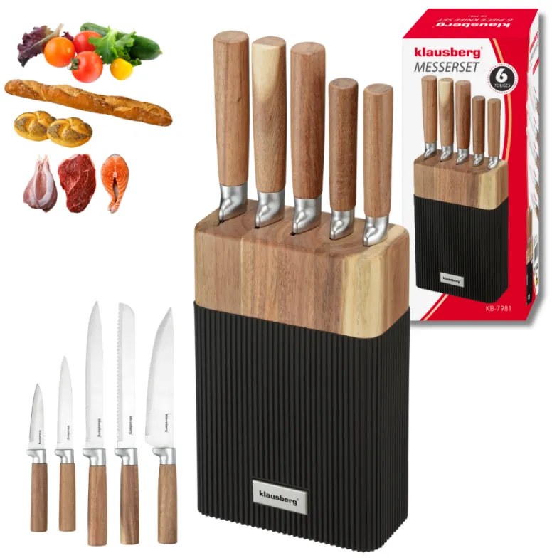 Set cuțite Klausberg KB 7981, 6 piese, Oțel inoxidabil, Suport, Maro/grafit