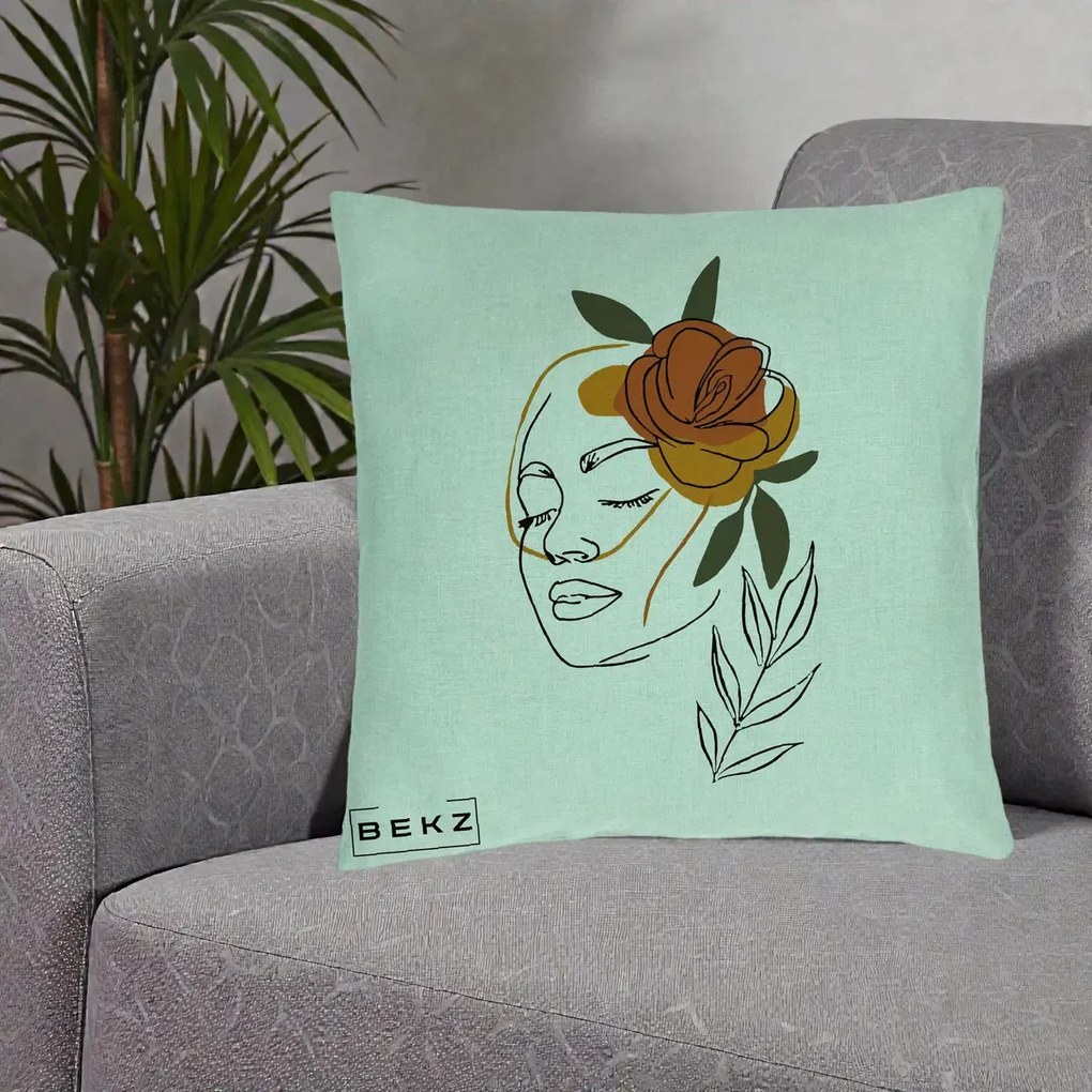 Perna Decorativa Portret Feminin Trandafir Ruginiu, 40x40 cm, Verde Menta, Husa Detasabila, Perna Inclusa, BEKZ®