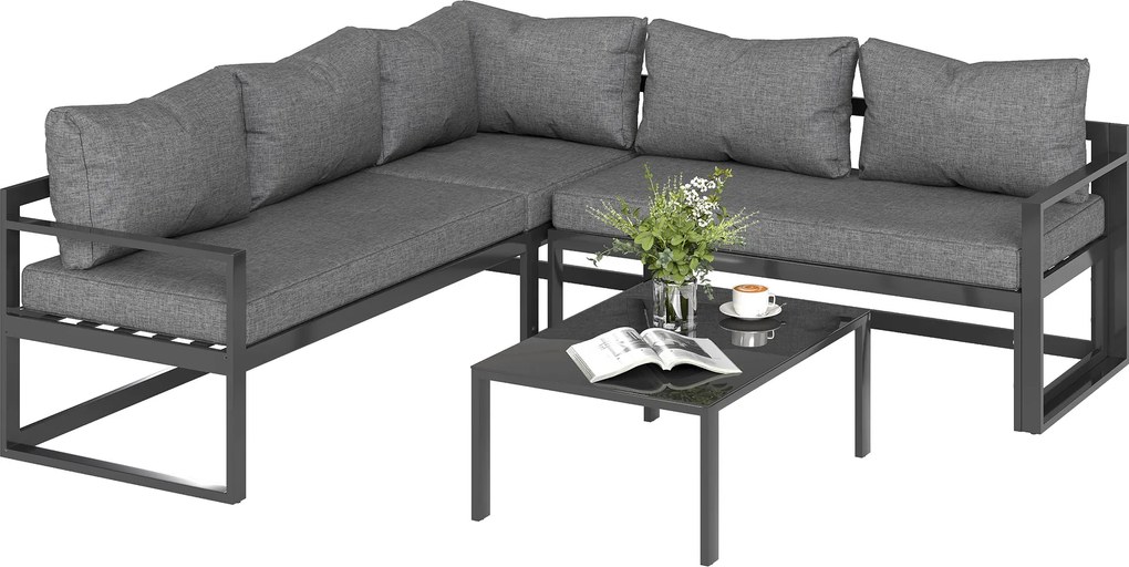 Outsunny Set Mobilier Gradina cu Canapea 3 Locuri, Scaun Adjustable, Set Canapele Exterior cu Masa Laterală și Perne, Aluminiu Gri | Aosom Romania