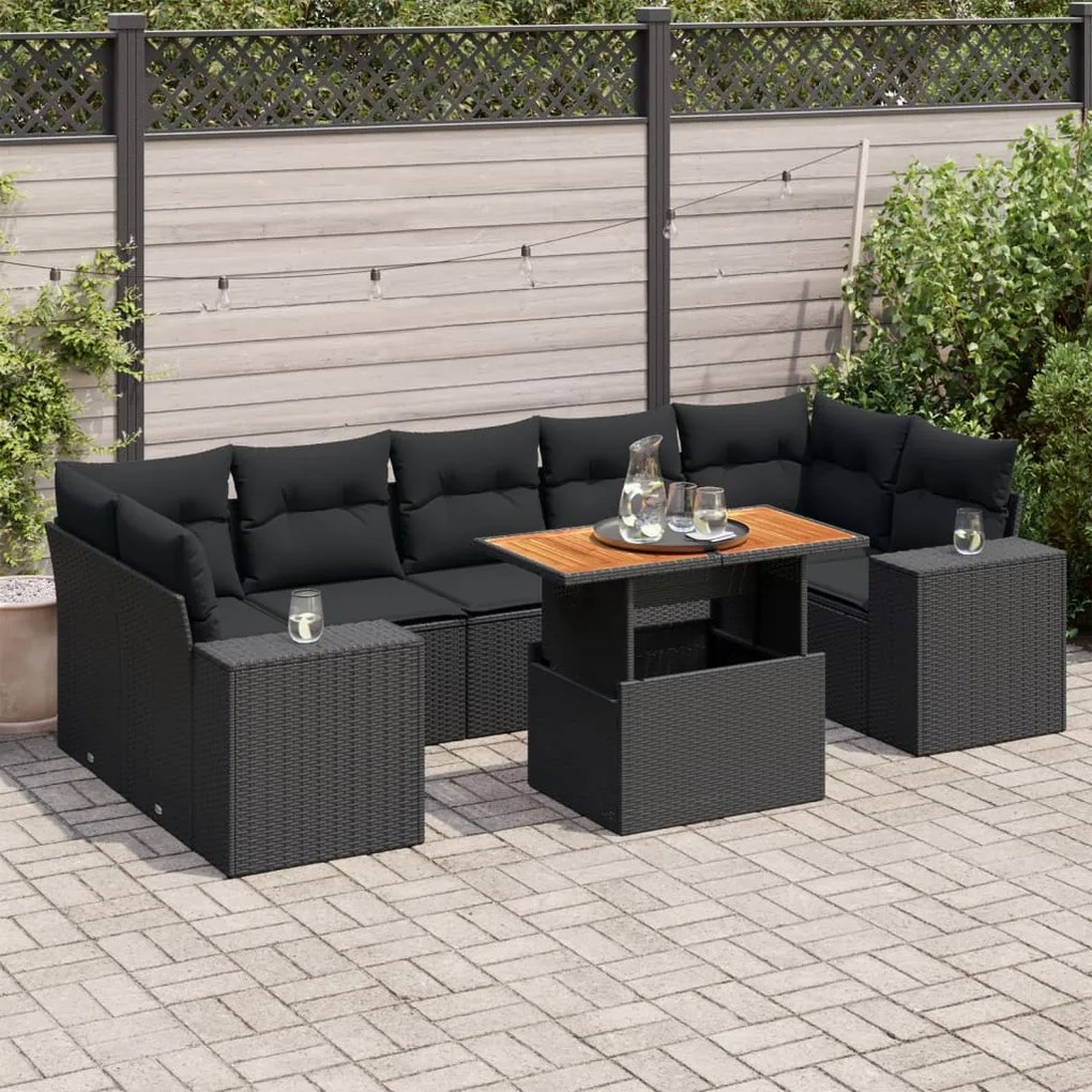 3327345 vidaXL Set mobilier de grădină cu perne, 8 piese, negru, poliratan