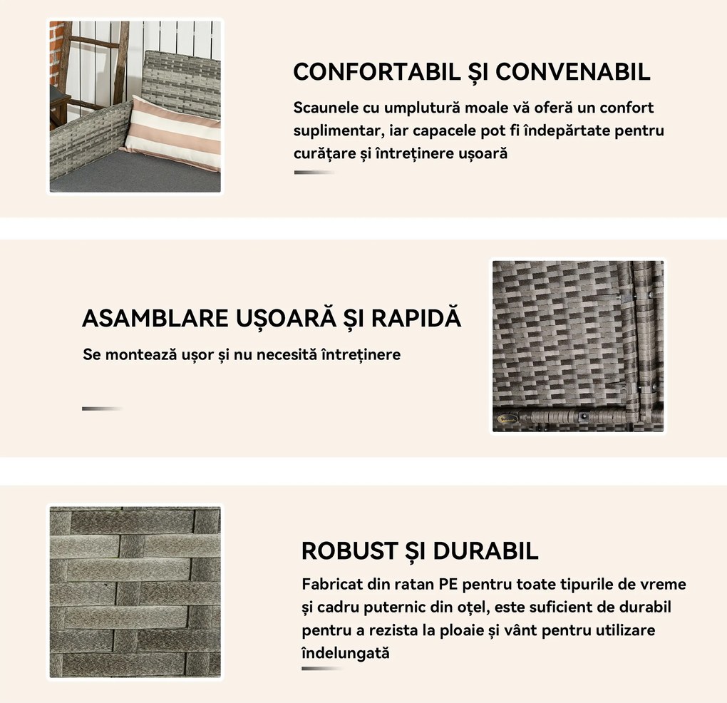 Outsunny Canapea pentru Exterior Gradina sau Terasa cu 3 locuri dim Ratan cu perne si dungi, Gri 173x68x78cm | Aosom Romania