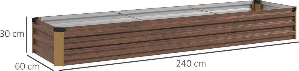 Outsunny Pat de Grădină Ridicat 405L, Jardiniere de Exterior din Oțel Galvanizat cu Bază Deschisă, pentru Plante, Flori și Legume, 240x60x30 cm, Imitație Lemn Închis | Aosom Romania