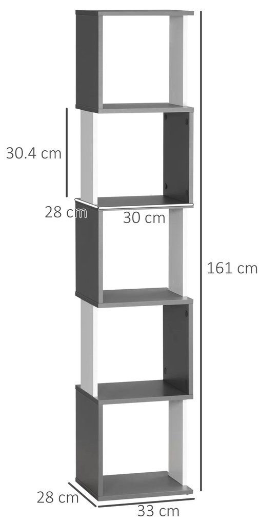 Biblioteca cu 5 rafturi din lemn HOMCOM 33x28x161cm, gri si alb | Aosom Romania