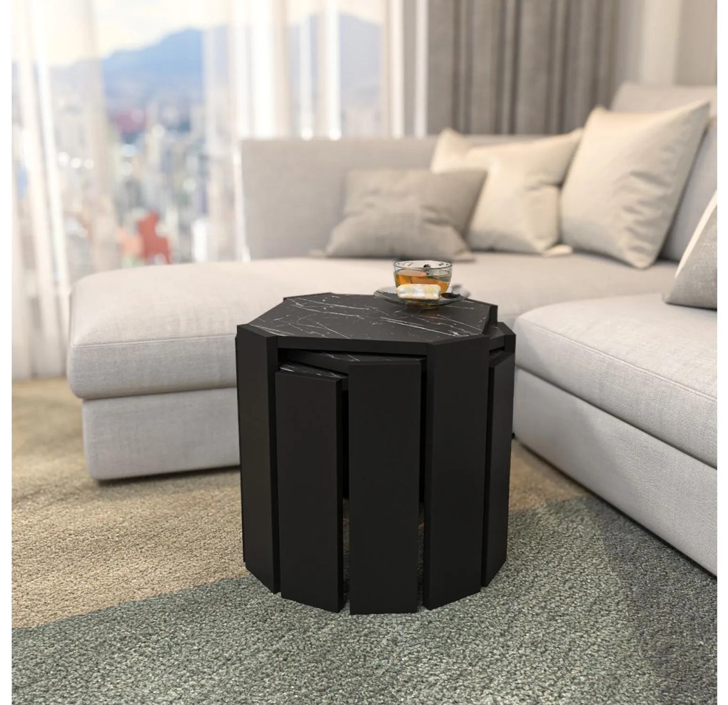 Set 3 măsuțe cafea Lorizolla (marmură negru + Negru). 1106452