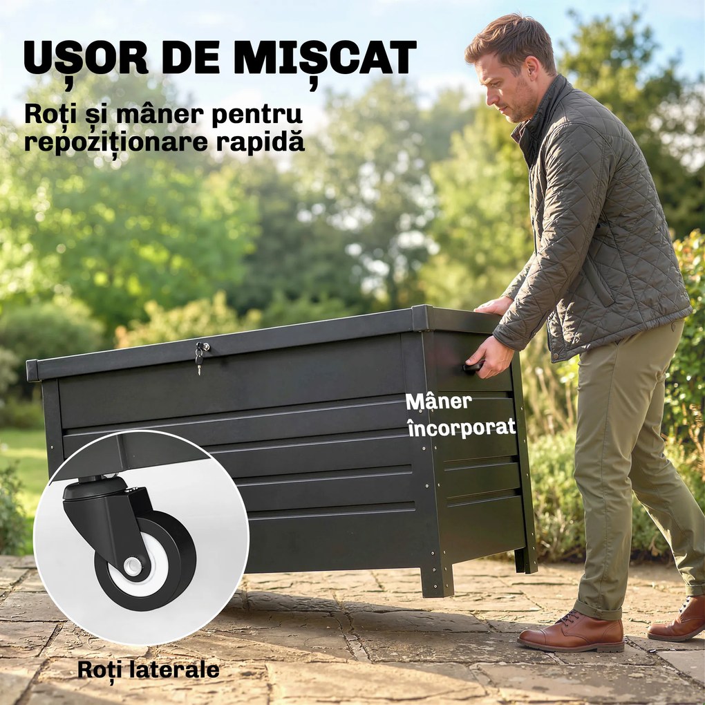 Outsunny Ladă 430L, Recipient Metalic cu Capac Blocabil, Roți, Mânere Laterale, Gri | Aosom Romania