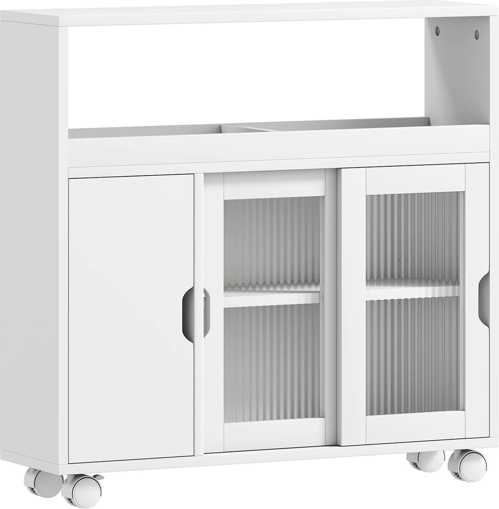 HOMCOM Dulap de Baie cu Roți, Raft Reglabil, Ușă Glisantă din Sticlă Călită, Alb | Aosom Romania