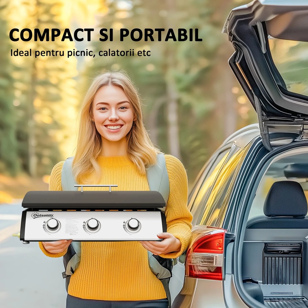 Outsunny Grătar pe Gaz din Oțel cu 3 Arzătoare, Regulator, Furtun și Capac, 63x47x25 cm, Negru | Aosom Romania