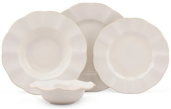 Set de veselă 24 piese, porțelan alb cu detalii aurii