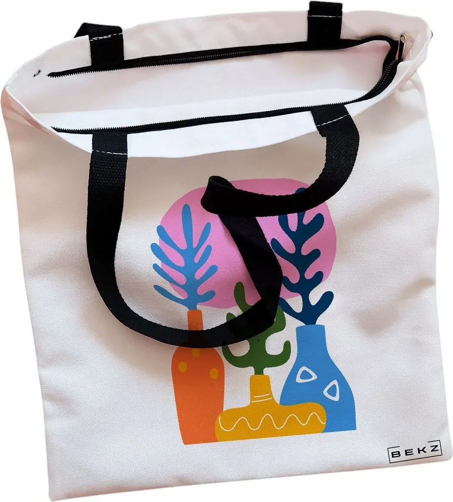 Sacosa de Panza pentru Cumparaturi, Geanta Tote, model Gradina Abstracta, Cu fermoar, 38x34.5 cm, Alba, BEKZ®