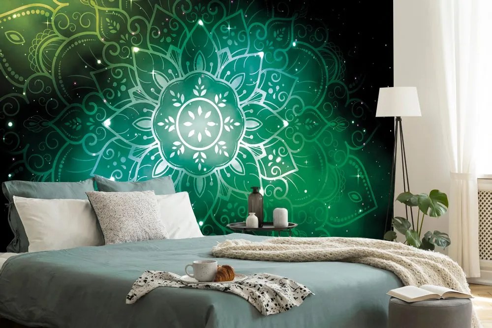 Tapet Mandala verde cu fundal galactic