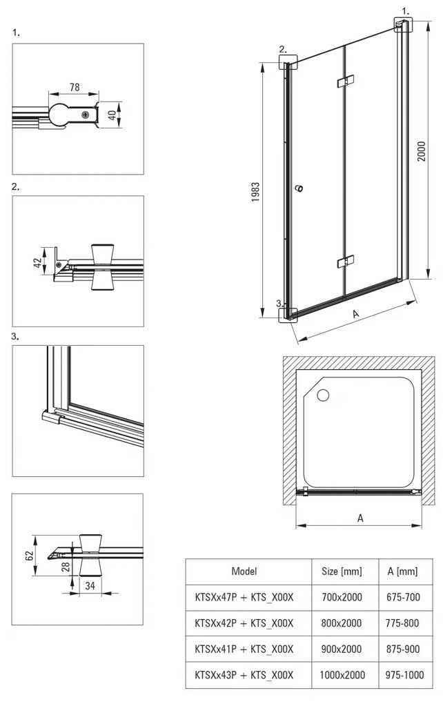 Usa cabina dus pliabila negru mat 90x200 cm Deante Kerria Plus