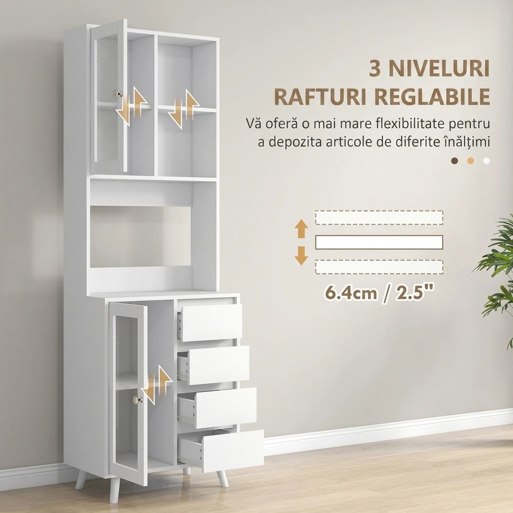 HOMCOM Servantă Înaltă de Bucătărie cu Uși din Sticlă, 2 Rafturi Deschise, 4 Sertare, Rafturi Reglabile, 60x35x180 cm, Alb | Aosom Romania