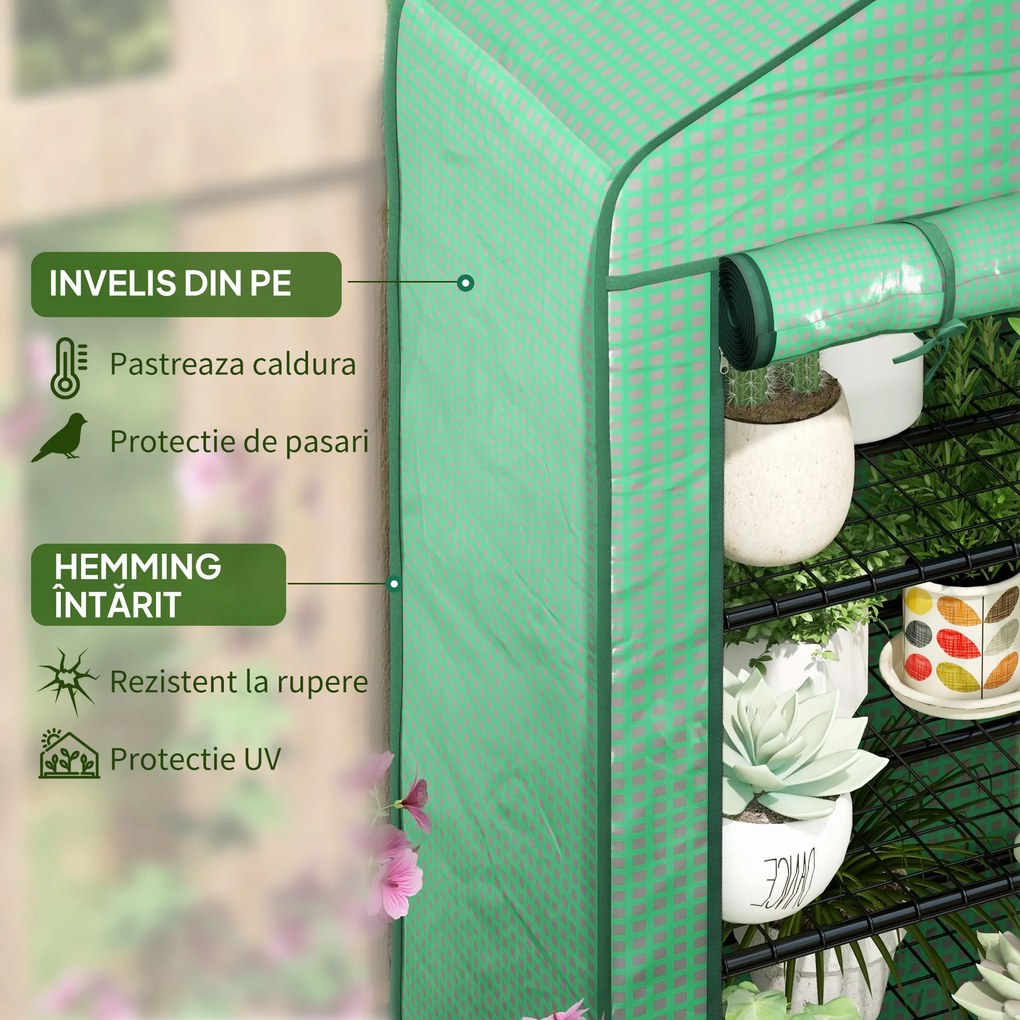 Outsunny Seră de Grădină în 4 Niveluri cu Ușă Rulantă, Seră Mica din Metal &amp; PE, 69x49x158 cm, Verde Închis | Aosom Romania