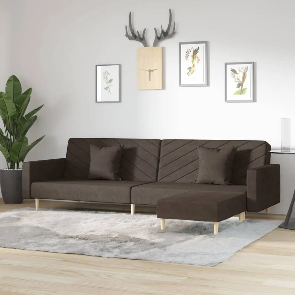 3081824 vidaXL Canapea extensibilă 2 locuri, 2 perne și taburet, maro, textil