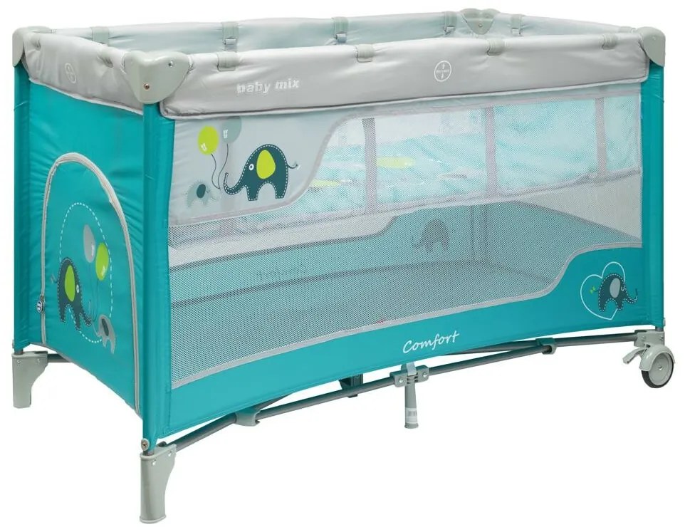 Pătuț de călătorie cu pat suspendat Baby Mix Elefanți albastru, 120 x 78,5 x 62 cm