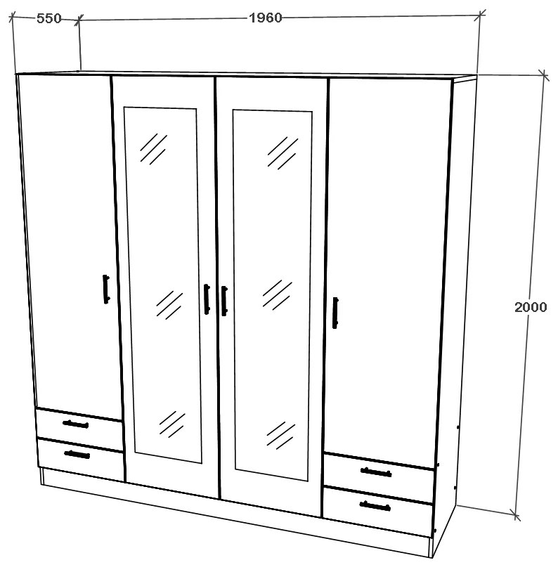 Dulap Nero, 4 Usi, oglinda, Stejar Sonoma, 196 x 55 x 200 cm