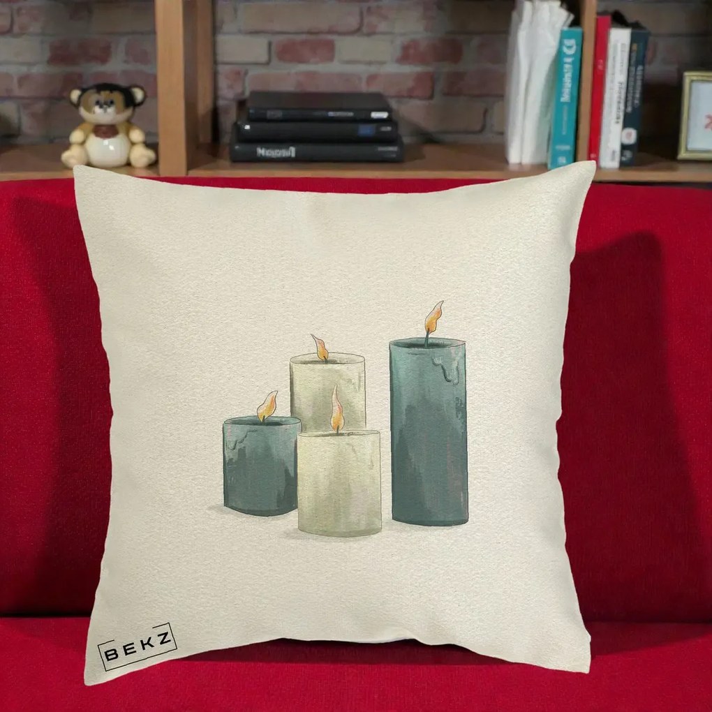 Perna Decorativa Lumanari Hygge Alb-Verde, 40x40 cm, Ecru, Husa Detasabila, Perna Inclusa, BEKZ®