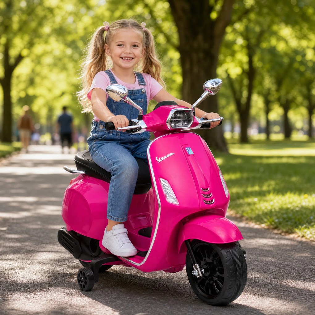 AIYAPLAY Motocicletă electrică pentru copii cu licență Vespa, roți ajutătoare, far și muzică, PP și metal, 107x47x73 cm, Roz | Aosom Romania