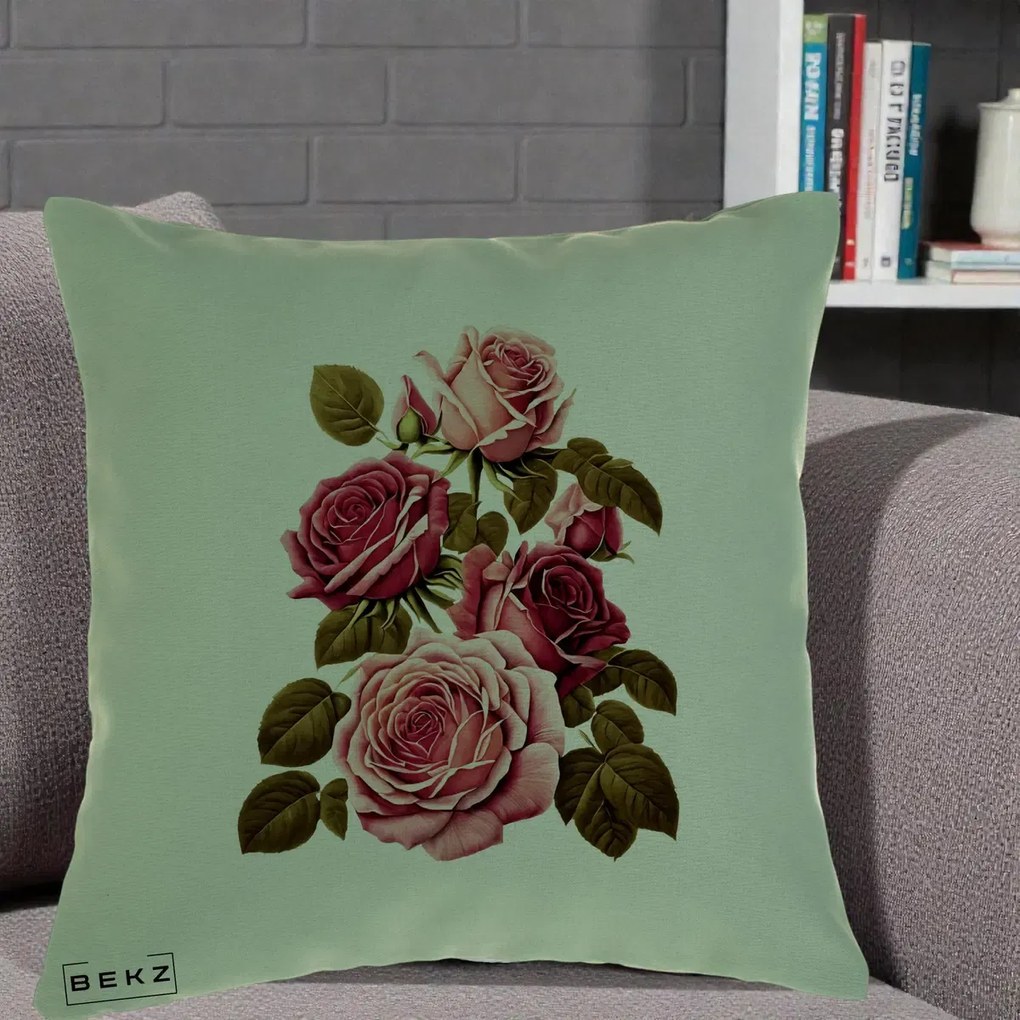 Perna Decorativa Trandafiri Vintage Roz-Rosii, 40x40 cm, Verde, Husa Detasabila, Perna Inclusa, BEKZ®