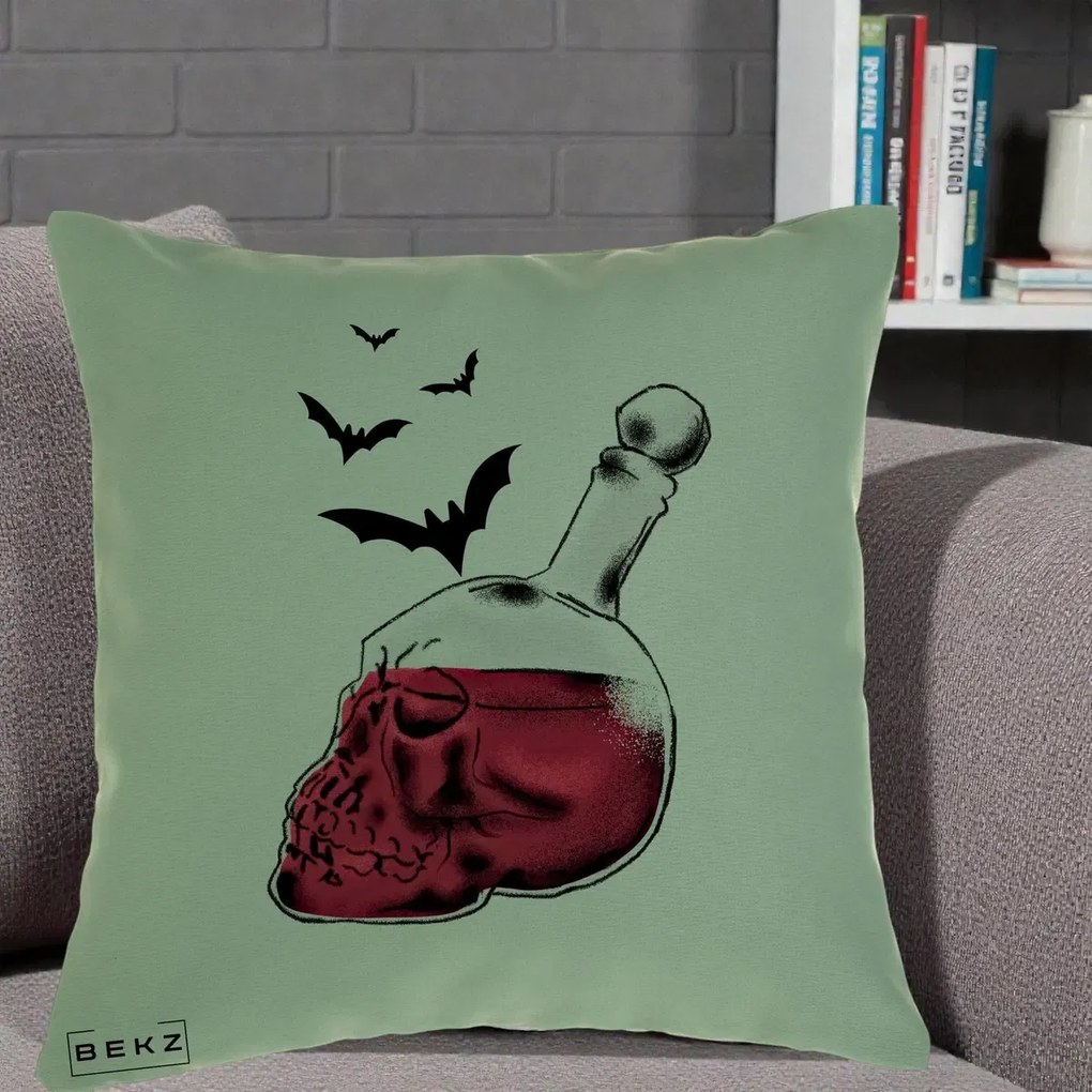 Perna Decorativa Halloween Craniu-Sticla cu Lilieci, 40x40 cm, Verde, Husa Detasabila, Perna Inclusa, BEKZ®